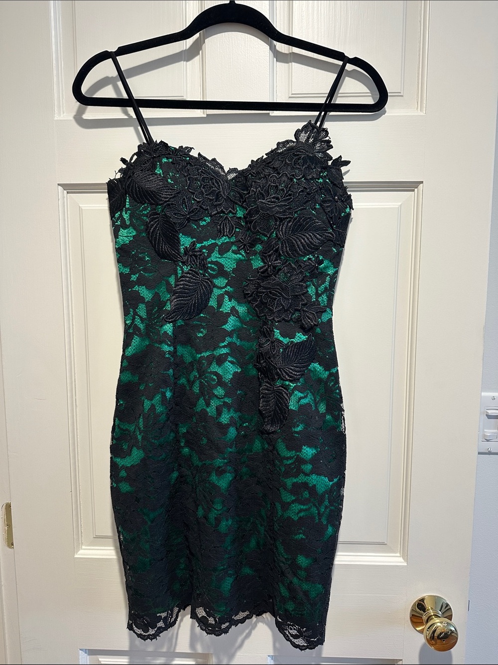 Issue New York Emerald Green Slip Mini with Black Lace Appliqué
